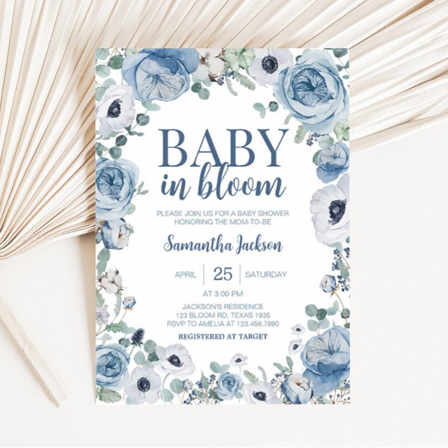 Invitation Bébé bleu dans le Baby shower en fleur (Dusty Blue Wildflower Baby Shower Invitation )