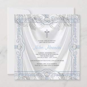 Invitation Bébé Bleu d'argent Bébé Christening White Satin