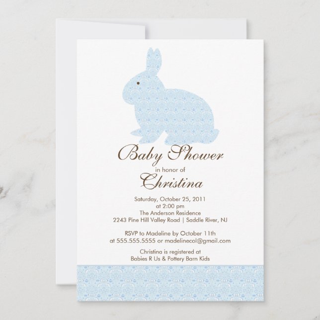 Invitation Bébé bleu d'invitation de baby shower de lapin de (Devant)