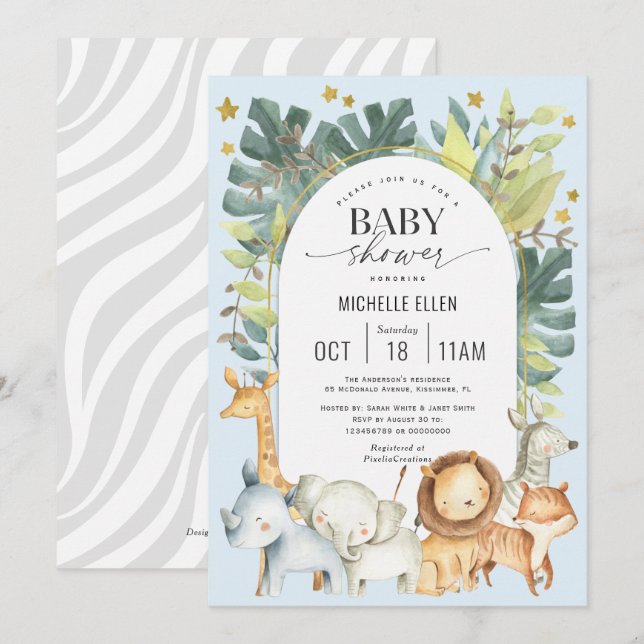 Invitation Bébé bleu douche garçon Jungle animaux thème (Devant / Derrière)