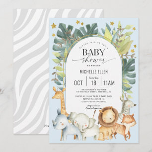 Invitation Bébé bleu douche garçon Jungle animaux thème