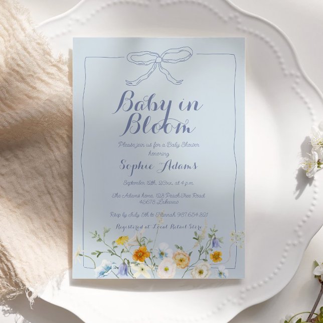 Invitation Bébé bleu en fleurs Bow Fleur sauvage Baby shower  (Créateur téléchargé)
