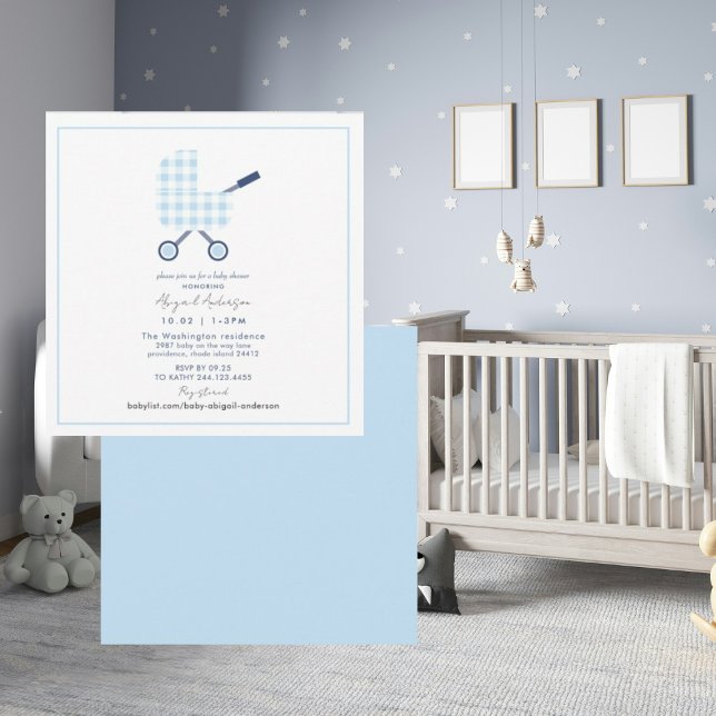 Invitation Bébé Bleu En vichy Pram Carré Baby shower (Créateur téléchargé)