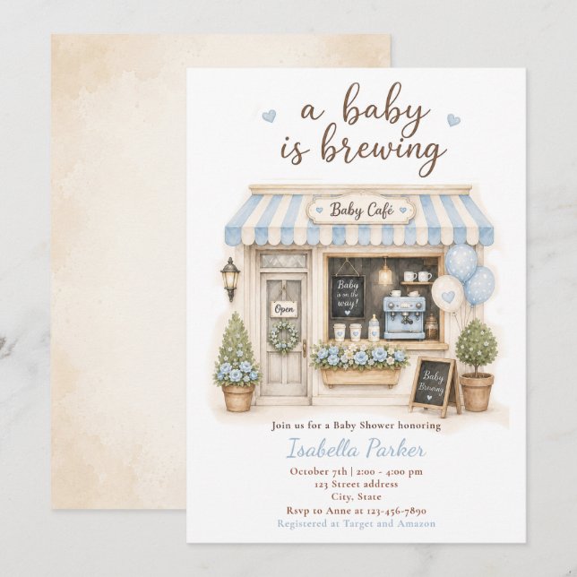 Invitation Bébé Bleu Est une Fête de Bébé Café (Devant / Derrière)