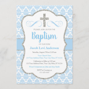 Invitation Bébé Bleu et Argent Damas Baptême