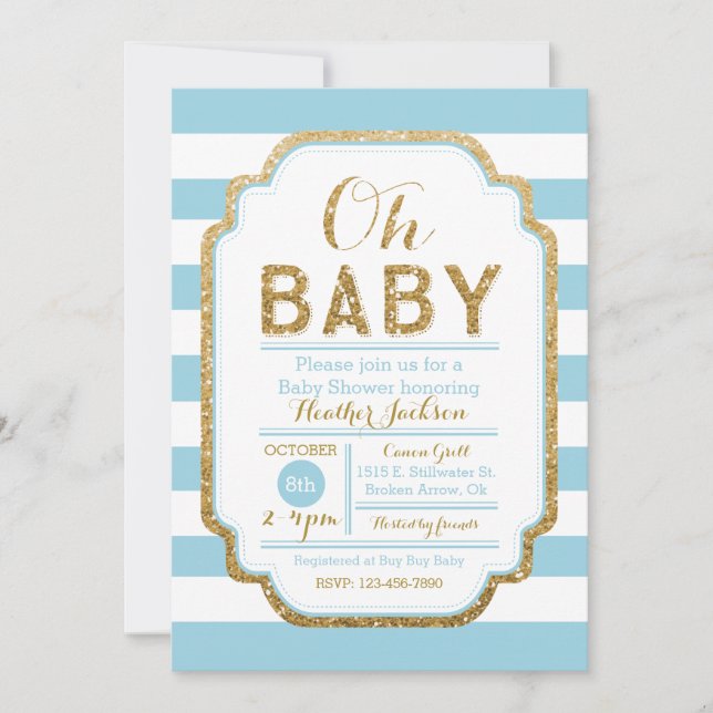 Invitation Bébé Bleu Et Baby shower Or Invitation, Garçon (Devant)