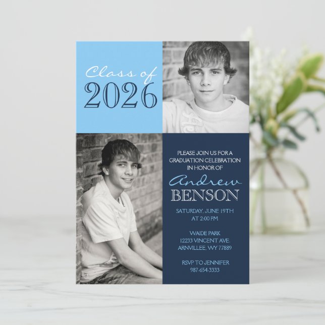 Invitation Bébé Bleu et Marine Classique 2 Photo Graduation (Debout devant)
