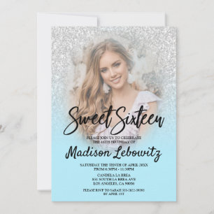 Invitation Bébé Bleu et Parties scintillant argent Sweet 16 I