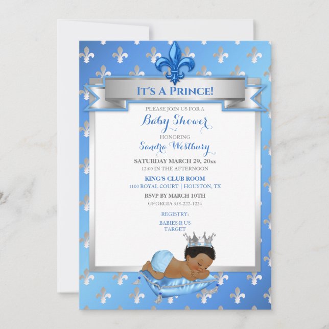 Invitation Bébé bleu et prince afro-américain argenté Fleur (Devant)