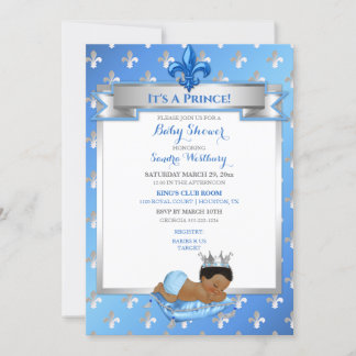 Invitation Bébé bleu et prince afro-américain argenté Fleur