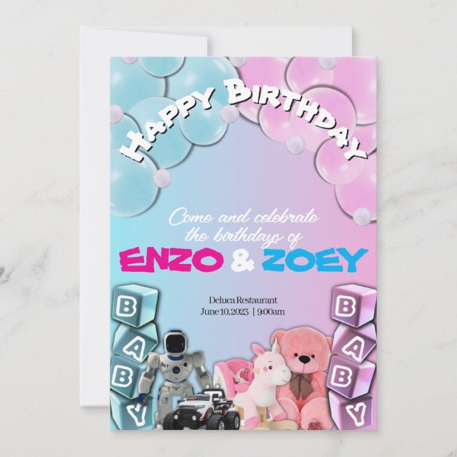 Invitation Bébé bleu et rose mignon Twin Anniversaire Invitat (Devant)