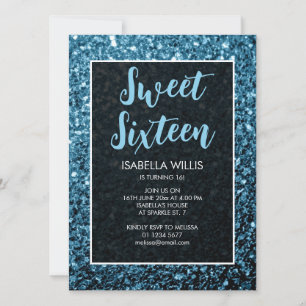 Invitation Bébé bleu étincelant Sweet 16 élégant script
