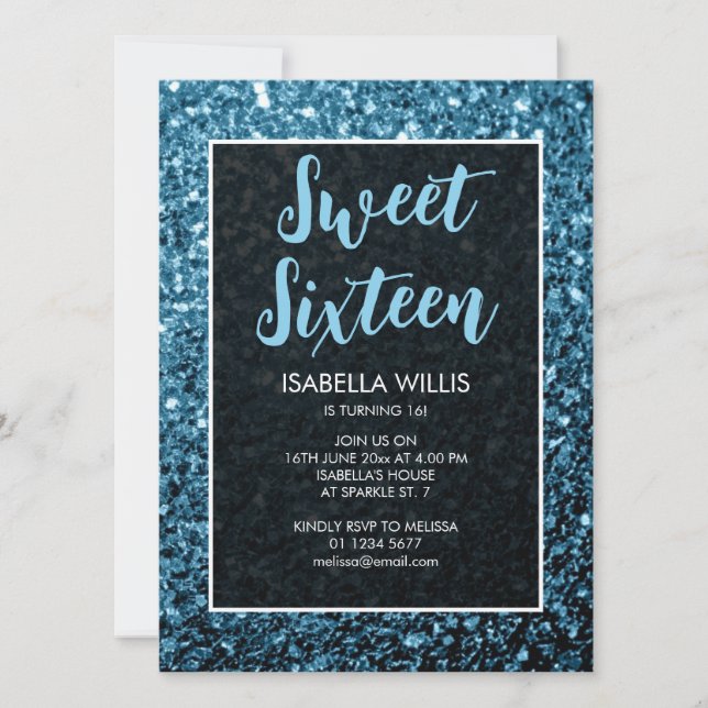 Invitation Bébé bleu étincelant Sweet 16 élégant script (Devant)