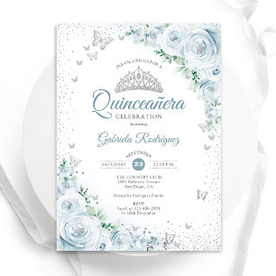 Invitation Bébé bleu Floral Aquarelle Rose Quinceanera