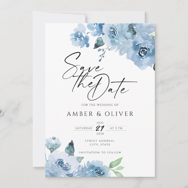 Invitation Bébé Bleu Floral Fleurs Boho Enregistrer La Date (Devant)