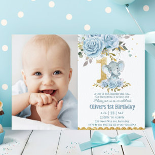 Invitation Bébé bleu floral mignon éléphant 1er anniversaire
