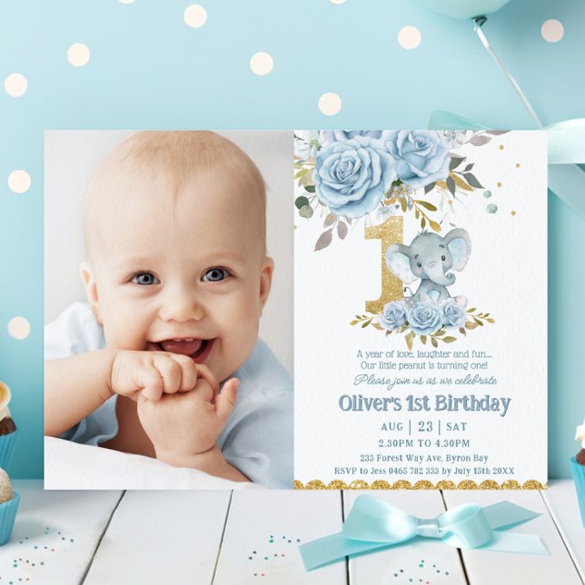 Invitation Bébé bleu floral mignon éléphant 1er anniversaire  (Créateur téléchargé)