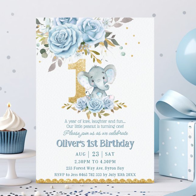 Invitation Bébé bleu floral mignon Eléphant Un 1er anniversai (Créateur téléchargé)