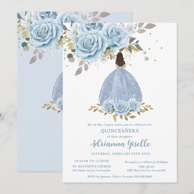 Invitation Bébé bleu Floral or Quinceanera Princesse Fille (Devant / Derrière)