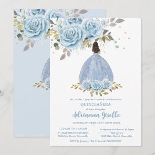 Invitation Bébé bleu Floral or Quinceanera Princesse Fille