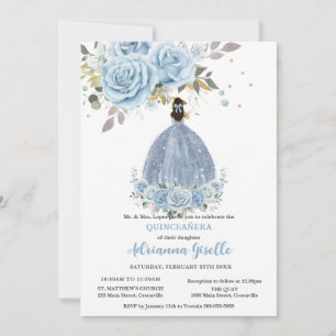 Invitation Bébé Bleu Floral Or Quinceañera Princesse Robe