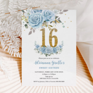 Invitation Bébé Bleu Floral Or Sweet 16 Seize Anniversaire