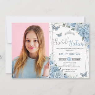 Invitation Bébé Bleu Floral Papillons Sweet sixteen 16ème En