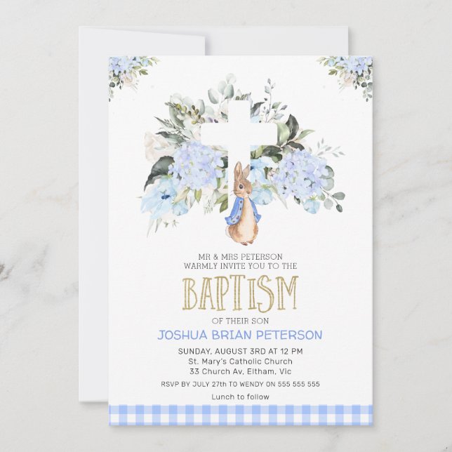 Invitation Bébé Bleu Floral Plaid Peter Rabbit Baptême (Devant)