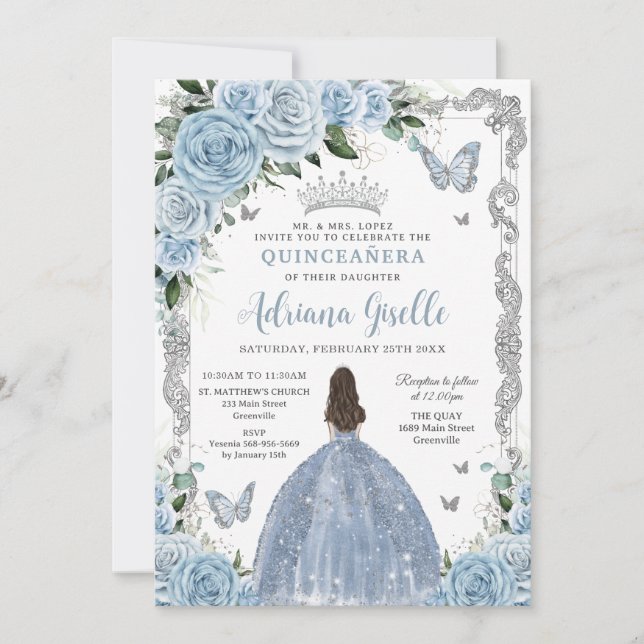 Invitation Bébé Bleu Floral Princesse Robe Argent Quinceanera (Devant)