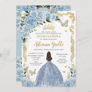 Invitation Bébé Bleu Floral Princesse Robe Or Quinceanera