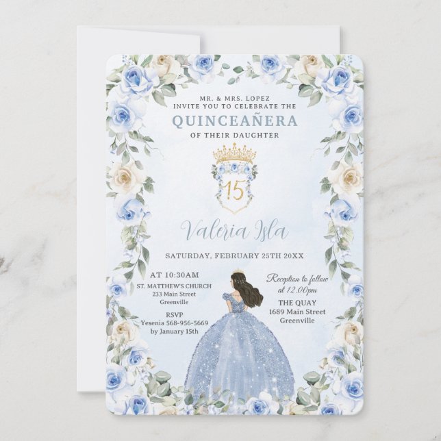 Invitation Bébé Bleu Floral Princesse Robe Or Quinceañera (Devant)