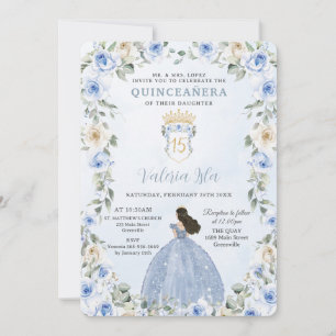 Invitation Bébé Bleu Floral Princesse Robe Or Quinceañera