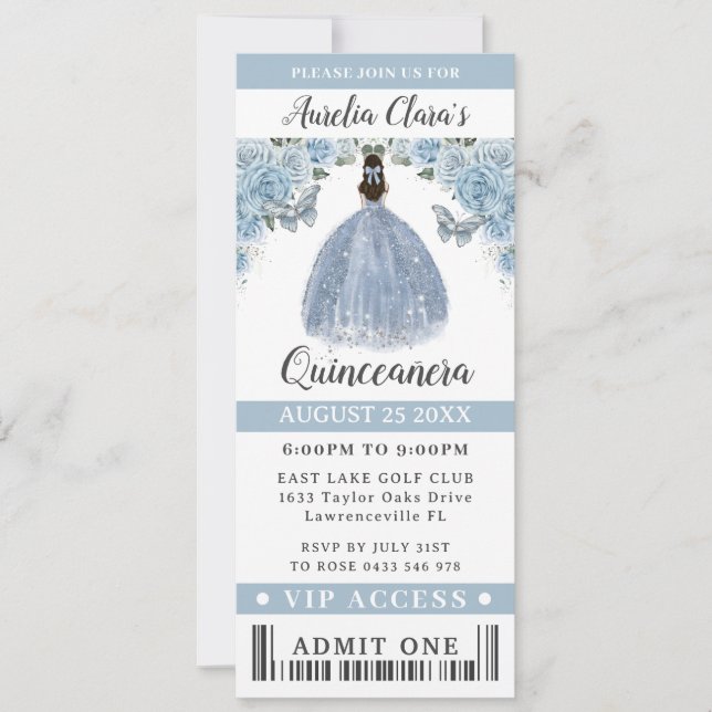 Invitation Bébé bleu Floral Quinceañera Sweet 16 VIP Billet (Devant)