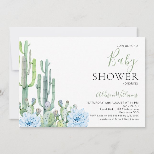 Invitation Bébé Bleu Floral Succulents Cactus Baby shower (Devant)