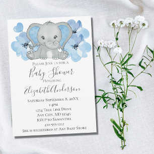 Invitation Bébé bleu garçon éléphant Baby shower fleurs ballo