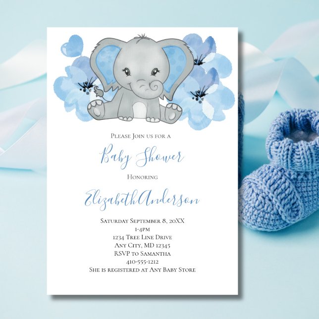 Invitation Bébé bleu garçon éléphant Baby shower fleurs ballo (Baby Boy Blue Elephant Baby Shower Invitation. Printed or Instant Digital Download)