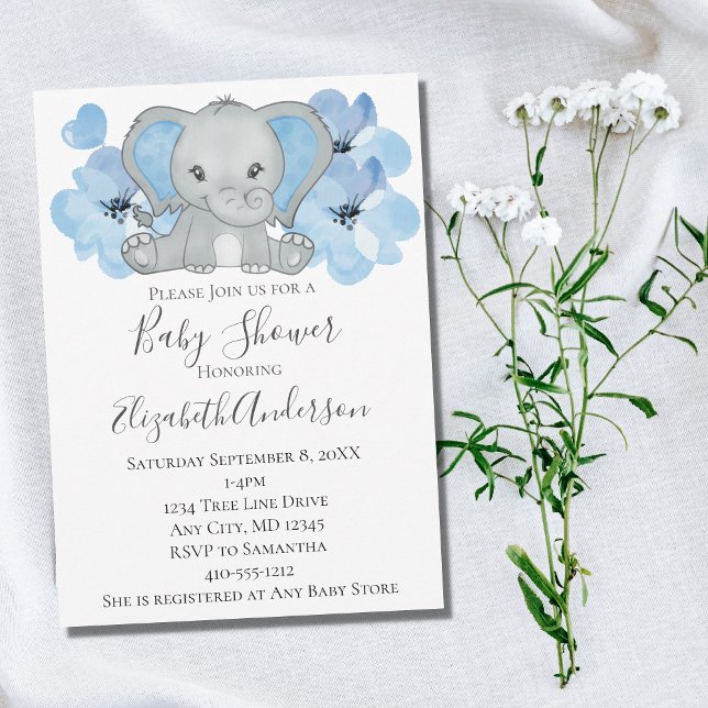 Invitation Bébé bleu garçon éléphant Baby shower fleurs ballo (Créateur téléchargé)