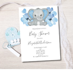 Invitation Bébé bleu garçon éléphant Baby shower fleurs ballo