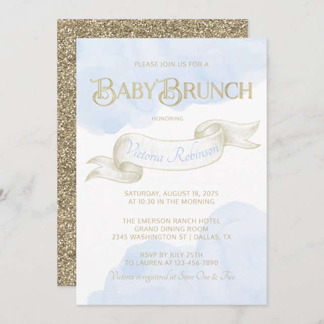 Invitation Bébé Bleu Gold Baby shower Brunch (Devant / Derrière)