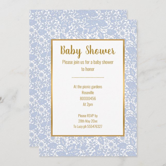 INVITATION BÉBÉ BLEU LACE OR TRIM BABY SHOWER ÉLÉGANT (Devant / Derrière)