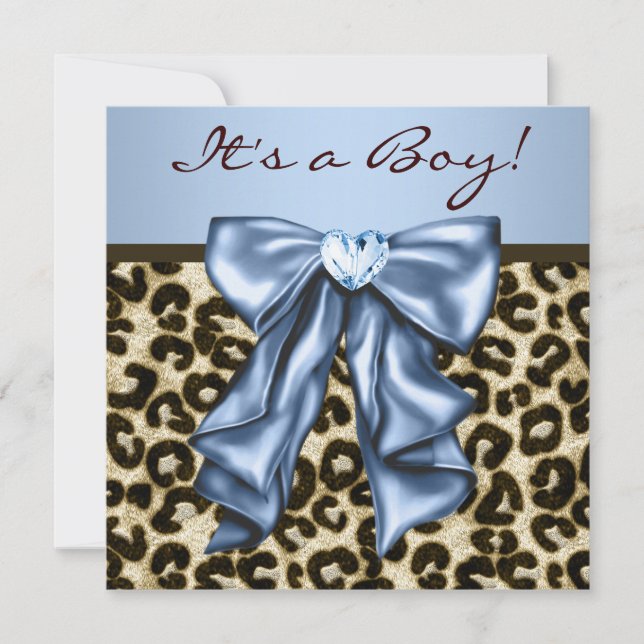 Invitation Bébé Bleu Marron Léopard Bébé Garçon Shower (Devant)
