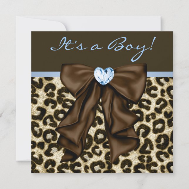 Invitation Bébé Bleu Marron Léopard Bébé Garçon Shower (Devant)