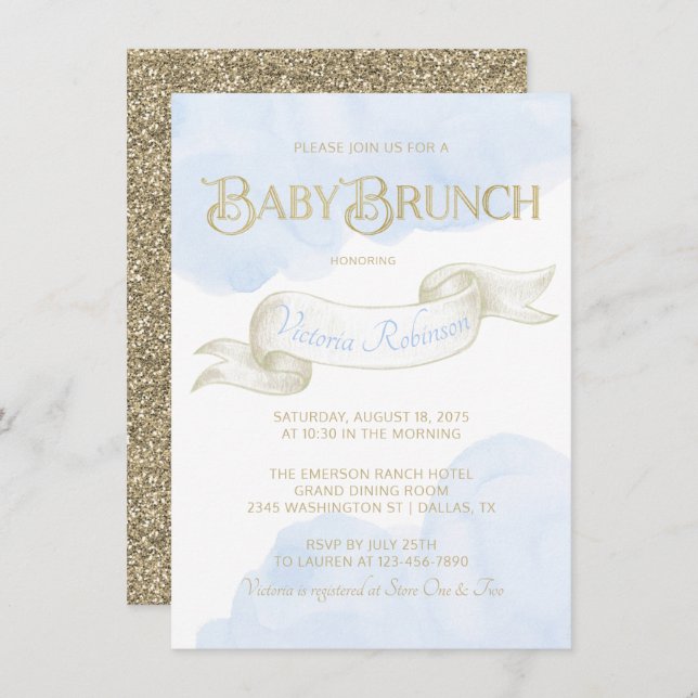 Invitation Bébé Bleu or Aquarelle garçon Baby shower Brunch (Devant / Derrière)