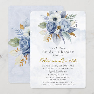 Invitation Bébé bleu or Aquarelle Peony Fête des mariées chic