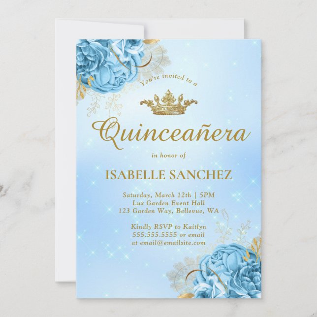 Invitation Bébé Bleu Or Floral Tiara Quinceanera (Devant)