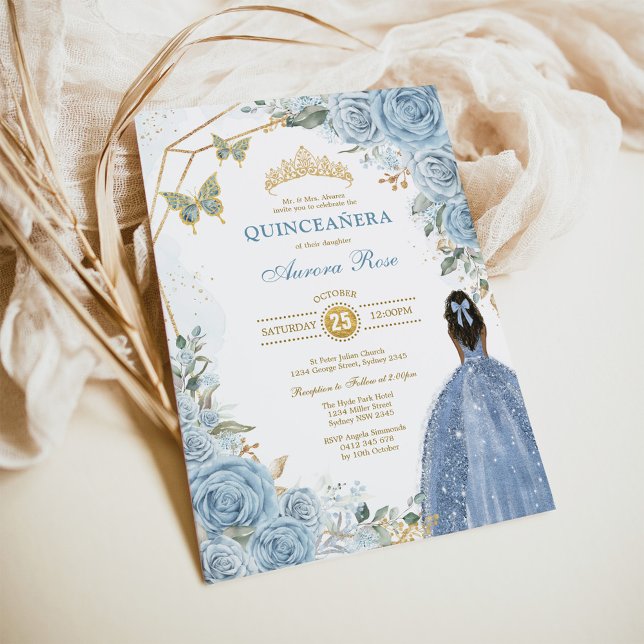 Invitation Bébé Bleu Or Quinceañera Papillon Princesse (Créateur téléchargé)