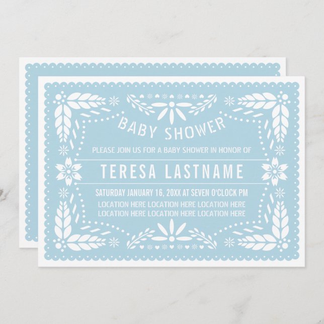 Invitation Bébé bleu papel picado mexicain bébé douche (Devant / Derrière)