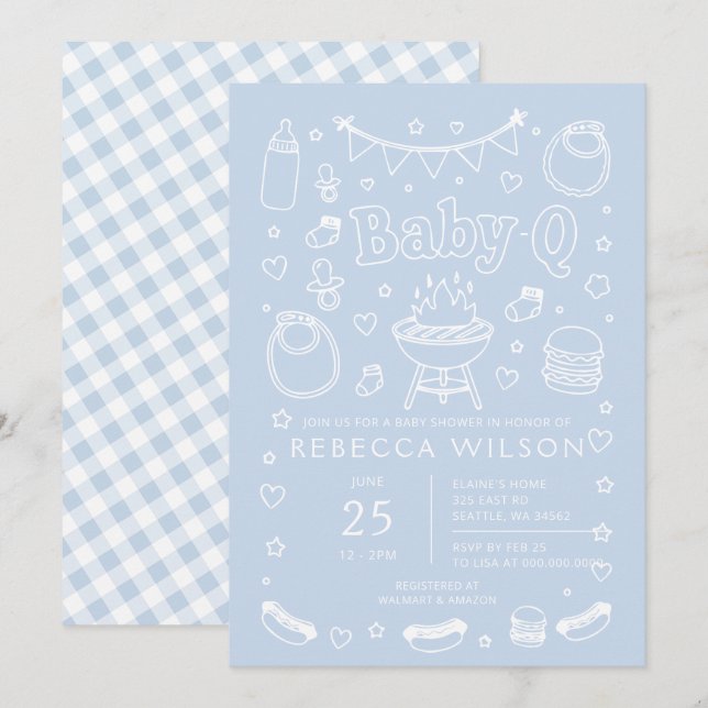 Invitation Bébé Bleu Q Barbecue Grill Fête de Naissance Garço (Devant / Derrière)