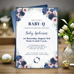Invitation Bébé bleu-Q Rose floral Pastel Baby shower barbecu