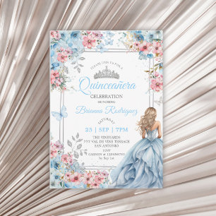 Invitation Bébé Bleu Rose Argent Floral Papillon Quinceañera